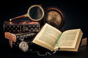 Картинка разное канцелярия книги лупа часы глобус книга