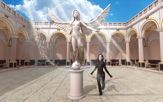 Обои картинки фото 3д, графика, fantasy, фантазия, скульптура, ангел, дом, колонны, девушка