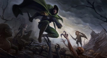 Картинка фэнтези нежить девушка плащ монстры кинжал ночь капюшон смерть