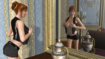 Картинка 3д+графика люди+ people девушка взгляд фон улыбка зеркало