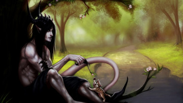 Картинка фэнтези демоны арт парень демон природа цветы дерево