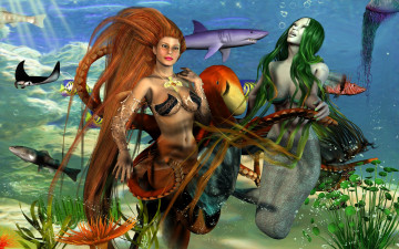 Картинка 3д+графика существа+ creatures рыбы русалки море