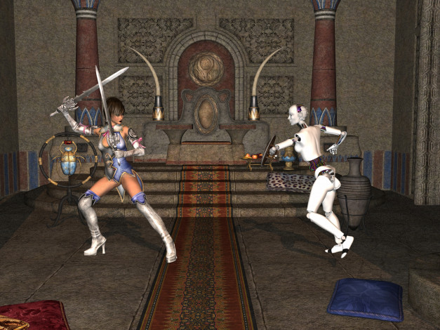 Обои картинки фото 3д графика, фантазия , fantasy, оружие, фон, взгляд, девушка, киборг, интерьер