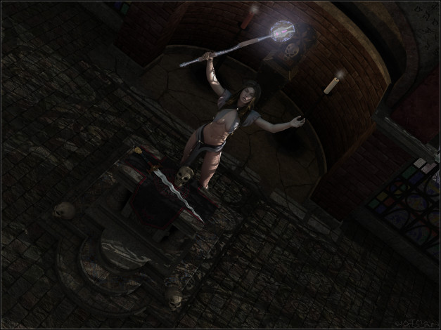 Обои картинки фото 3д графика, фантазия , fantasy, шест, свеча, череп, фон, взгляд, девушка