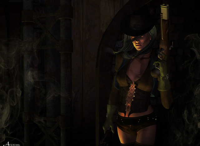 Обои картинки фото 3д графика, фантазия , fantasy, оружие, девушка, взгляд, фон