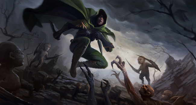 Обои картинки фото фэнтези, нежить, девушка, плащ, монстры, кинжал, ночь, капюшон, смерть