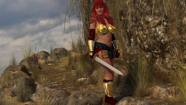 Обои картинки фото 3д графика, амазонки , amazon, девушка, взгляд, фон, оружие, рыжая