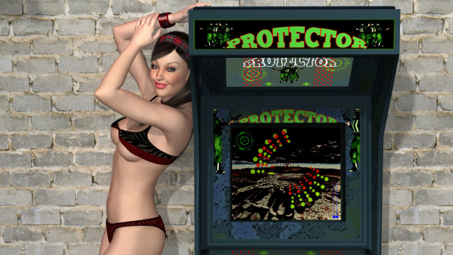 Обои картинки фото 3д графика, люди , people, фон, взгляд, девушка, игровой, автомат