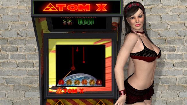 Обои картинки фото 3д графика, люди , people, игровой, автомат, фон, взгляд, девушка