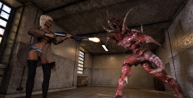 Обои картинки фото 3д графика, фантазия , fantasy, взгляд, оружие, фон, девушка