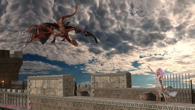 Обои картинки фото 3д графика, фантазия , fantasy, девушка, взгляд, фон, дракон