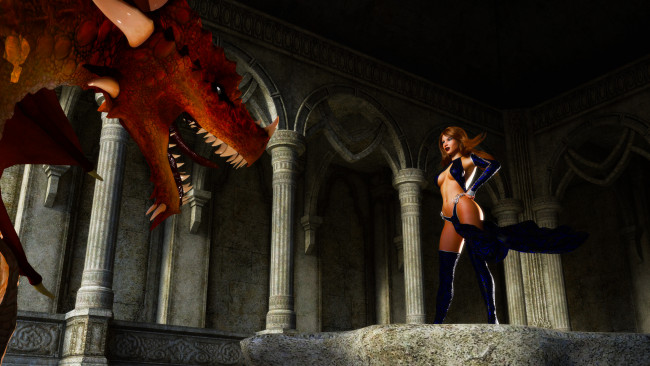 Обои картинки фото 3д графика, фракталы , fractal, взгляд, девушка, дракон, фон