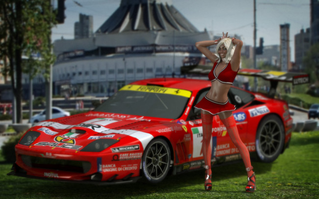 Обои картинки фото 3д графика, люди-авто, мото , people- car ,  moto, девушка, улыбка, автомобиль, фон