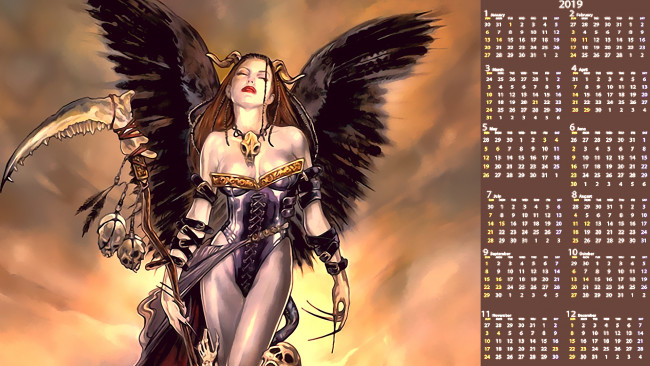 Обои картинки фото календари, фэнтези, череп, рога, существо, девушка