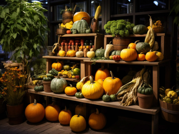 Обои картинки фото еда, тыква, полки, тыквы, урожай