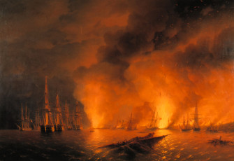 Картинка рисованное иван+айвазовский море корабли ночь огонь