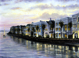 обоя рисованное, robert finale, дома, здания, берег, лодка, набережная, река