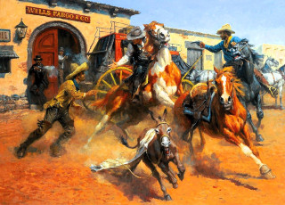 обоя рисованное, andy thomas, салун, перестрелка, всадники, лошади, ослик