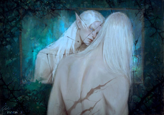 обоя фэнтези, эльфы, эльф, шрамы, зеркало, отражение, трещины