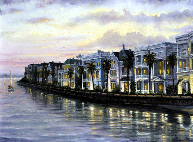 Обои картинки фото рисованное, robert finale, дома, здания, берег, лодка, набережная, река
