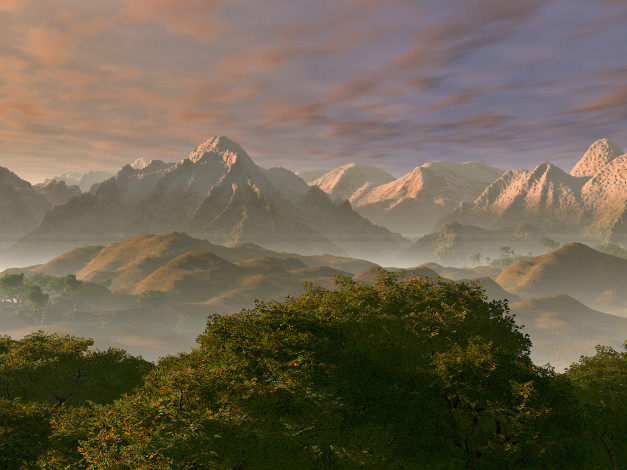 Обои картинки фото 3д, графика, nature, landscape, природа, деревья, туман, горы