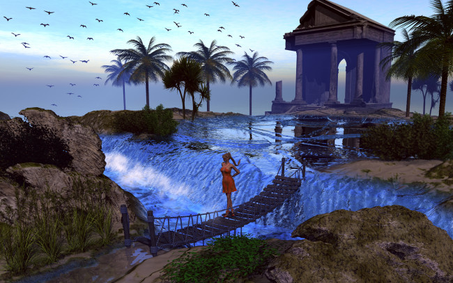Обои картинки фото 3д, графика, people, люди, девушка, мостик, река, пальмы