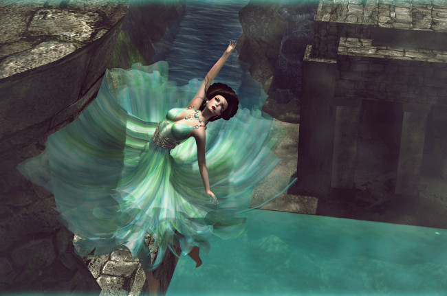 Обои картинки фото 3д, графика, people, люди, девушка, падение, прыжок, платье