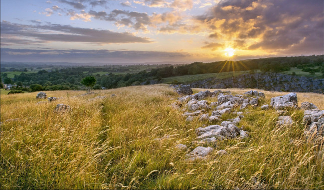 Обои картинки фото природа, восходы, закаты, леса, камни, трава, поле, свет, солнце, тучи