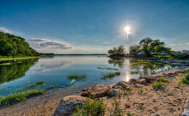 Обои картинки фото природа, реки, озера, дерево, трава, песок, лес, река, солнце