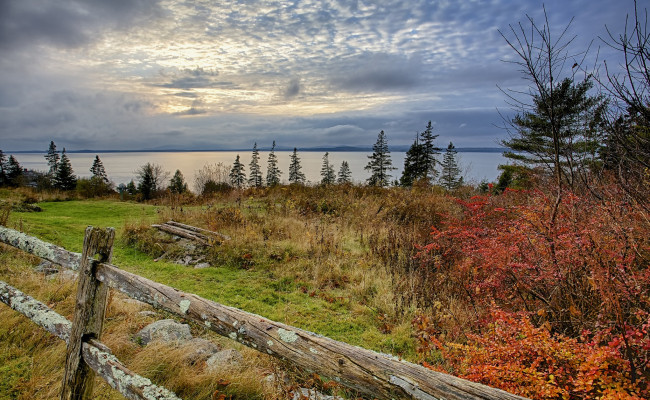 Обои картинки фото природа, реки, озера, лес, изгородь, осень, озеро, опушка, тучи