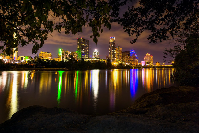 Обои картинки фото остин техас, города, - огни ночного города, austin, texas, остин, дома, река, ночь, огни