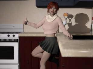 обоя 3д графика, люди , people, кухня, фон, взгляд, девушка