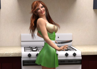 обоя 3д графика, люди , people, кухня, улыбка, фон, взгляд, девушка