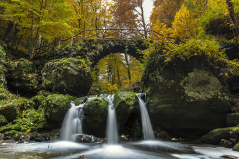 Картинка природа водопады река мост лес осень каскад водопад