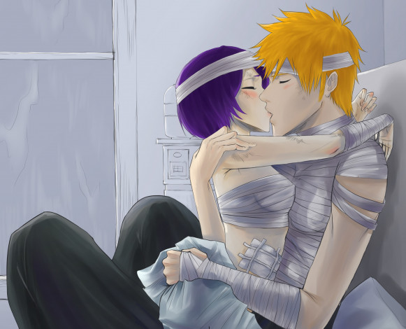 Обои картинки фото аниме, bleach, арт, блич, поцелуй, ичиго, рукия