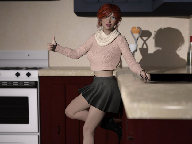 Обои картинки фото 3д графика, люди , people, кухня, фон, взгляд, девушка