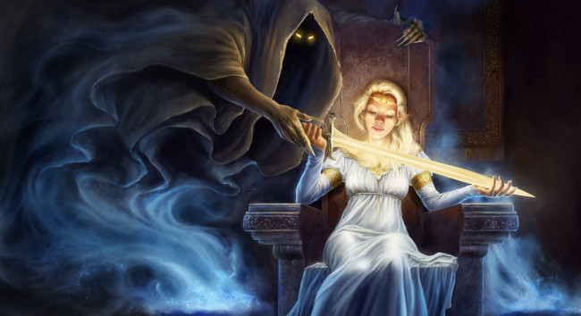 Обои картинки фото фэнтези, эльфы, оружие, фон, взгляд, эльфийка