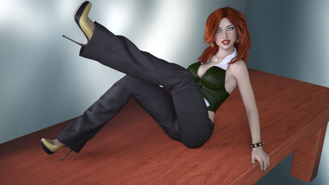 Обои картинки фото 3д графика, люди , people, рыжая, взгляд, стол, фон, девушка