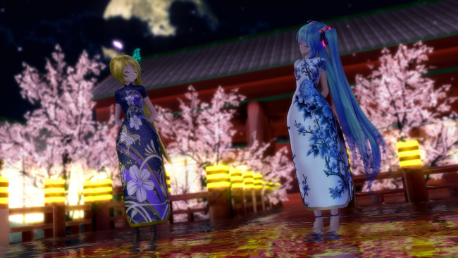 Обои картинки фото аниме, vocaloid, rongsama, hatsune, miku, akita, neru, ночь, девушки, арт