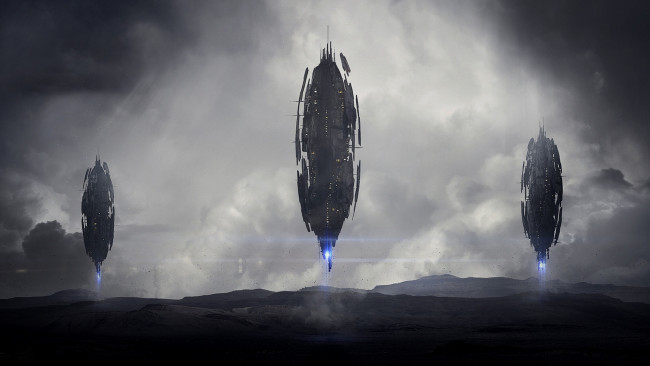Обои картинки фото фэнтези, космические корабли,  звездолеты,  станции, корабли, тучи, арт