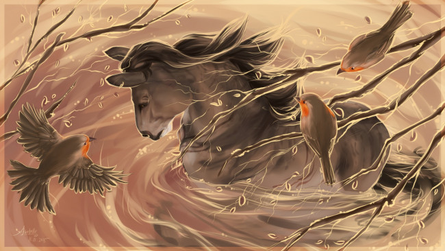 Обои картинки фото рисованное, животные,  лошади, ветки, грива, лошадь, фон, птицы