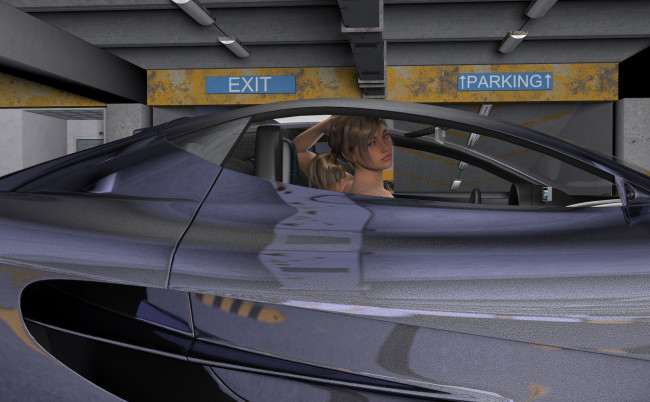 Обои картинки фото автомобили, 3d car&girl, фон, взгляд, девушка, автомобиль