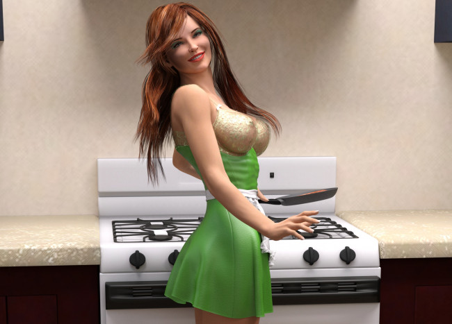 Обои картинки фото 3д графика, люди , people, кухня, улыбка, фон, взгляд, девушка