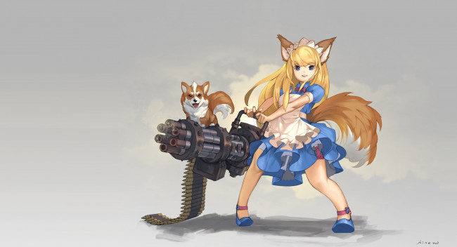 Обои картинки фото аниме, животные,  существа, взгляд, девушка, фон