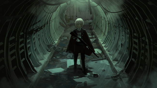 Обои картинки фото аниме, оружие,  техника,  технологии, парень, тоннель