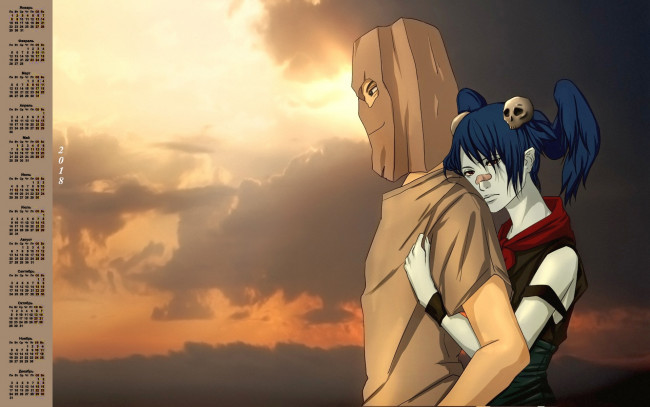 Обои картинки фото календари, аниме, череп, парень, взгляд, девушка, 2018, объятие