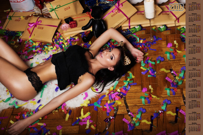 Обои картинки фото календари, девушки, конфетти, взгляд, 2018