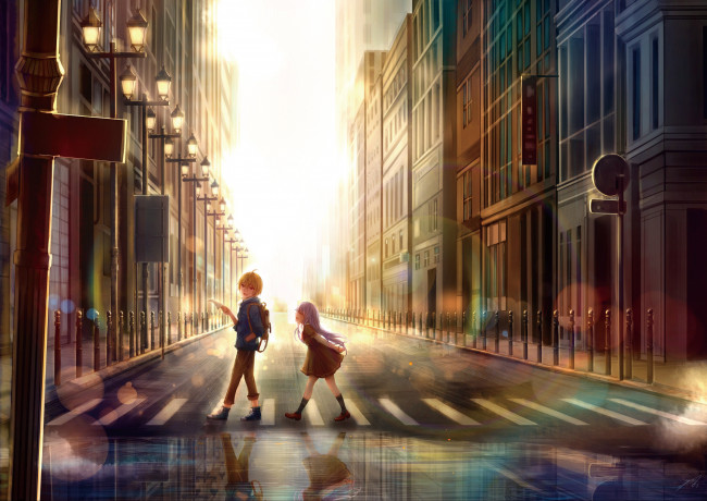 Обои картинки фото аниме, город,  улицы,  интерьер,  здания