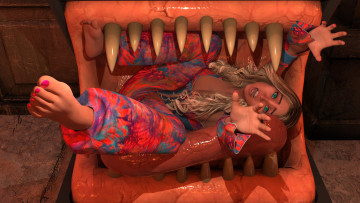 Картинка 3д+графика фантазия+ fantasy сундук клыки девушка фон взгляд