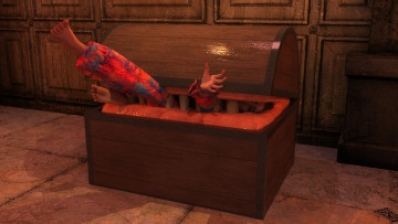 обоя 3д графика, фантазия , fantasy, взгляд, клыки, сундук, фон, девушка